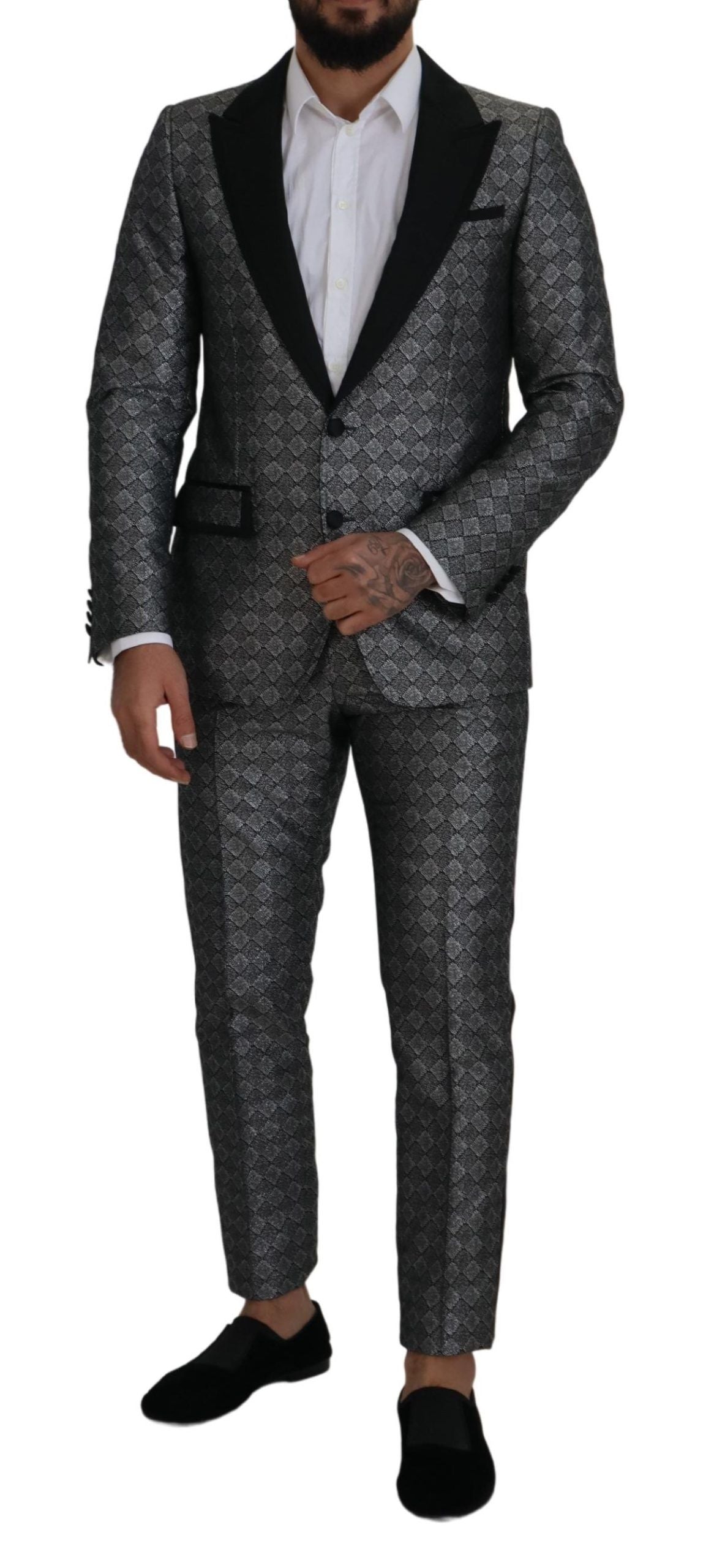 Dolce &amp; Gabbana Elegant Silver Patterned Slim Fit Suit