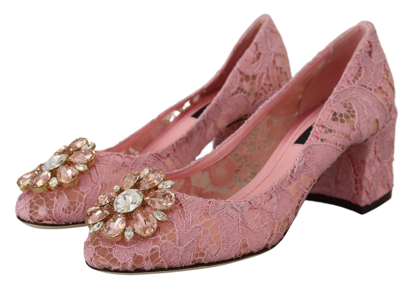 Dolce &amp; Gabbana pastel pink lace and crystal embellished pumps