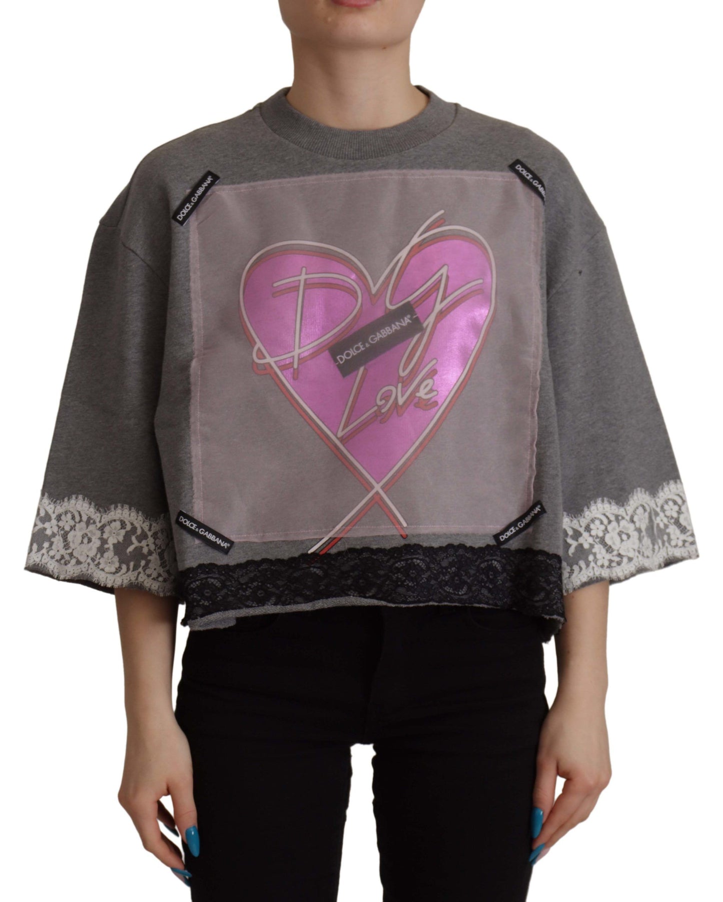 Dolce &amp; Gabbana Chic Grey Cotton Heart Bell Sleeve T-Shirt