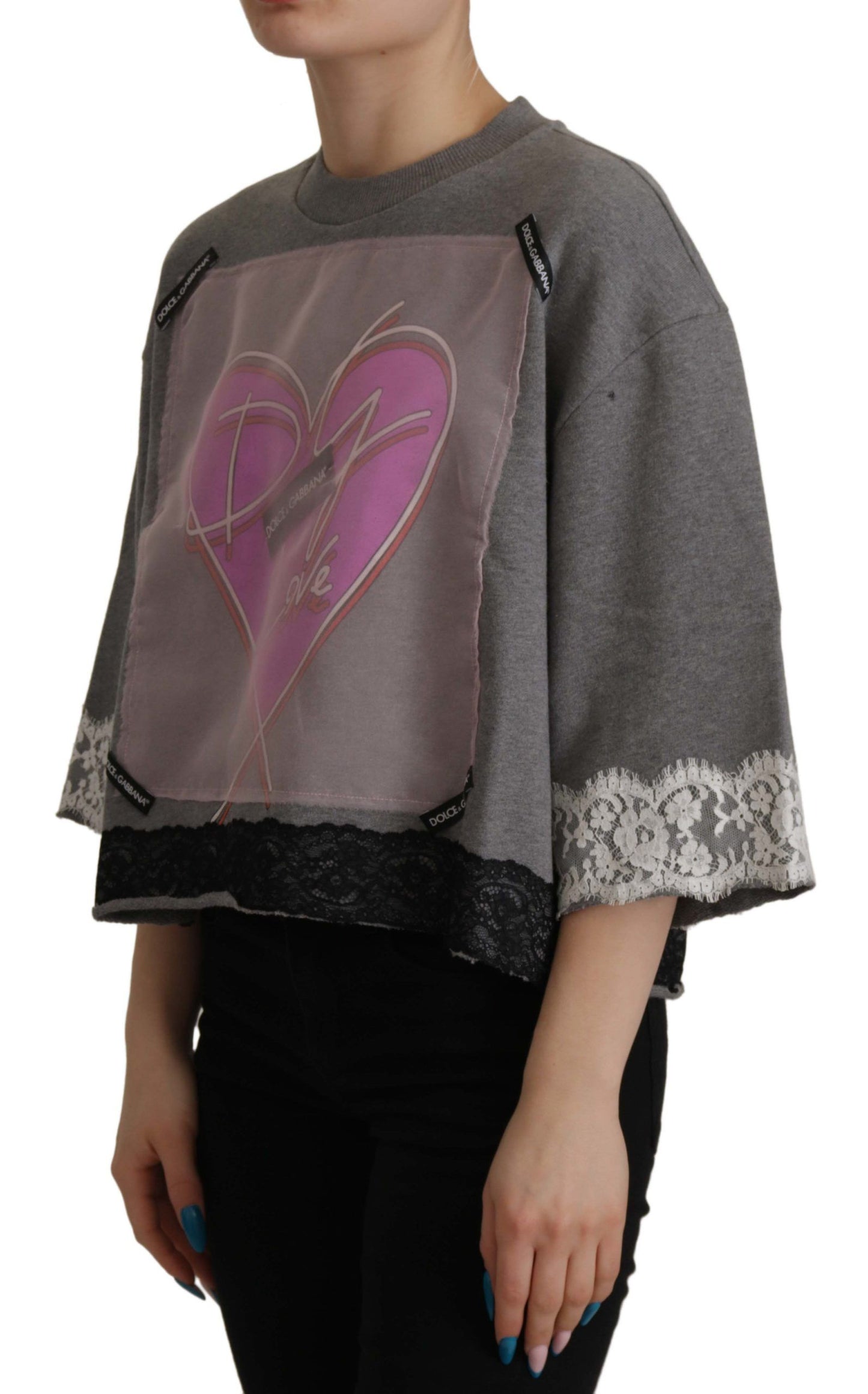 Dolce &amp; Gabbana Chic Grey Cotton Heart Bell Sleeve T-Shirt