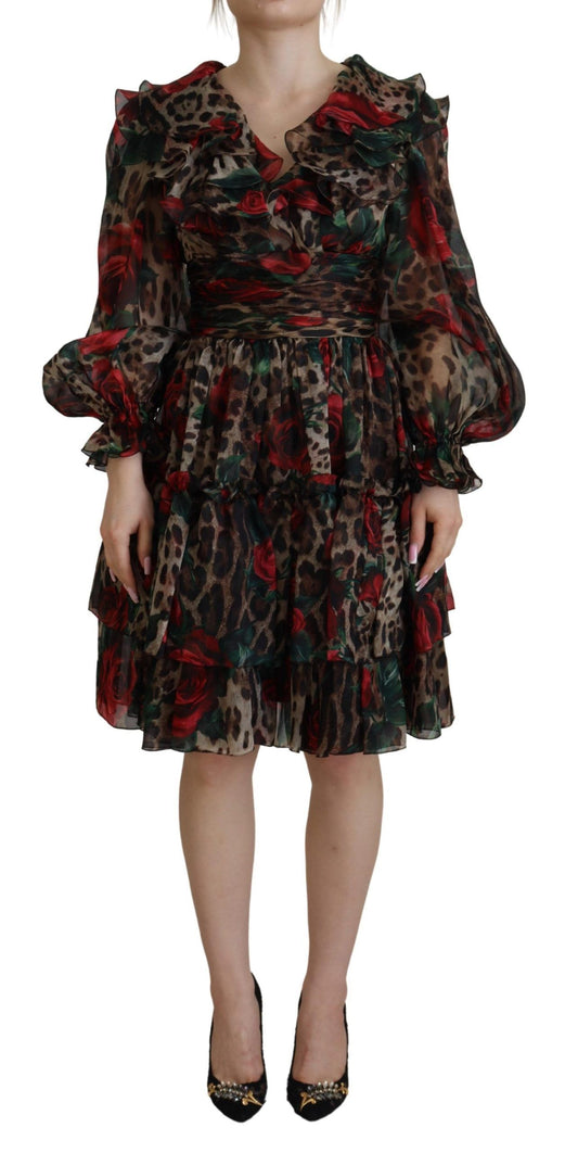 Dolce &amp; Gabbana silk dress with leopard print and red roses