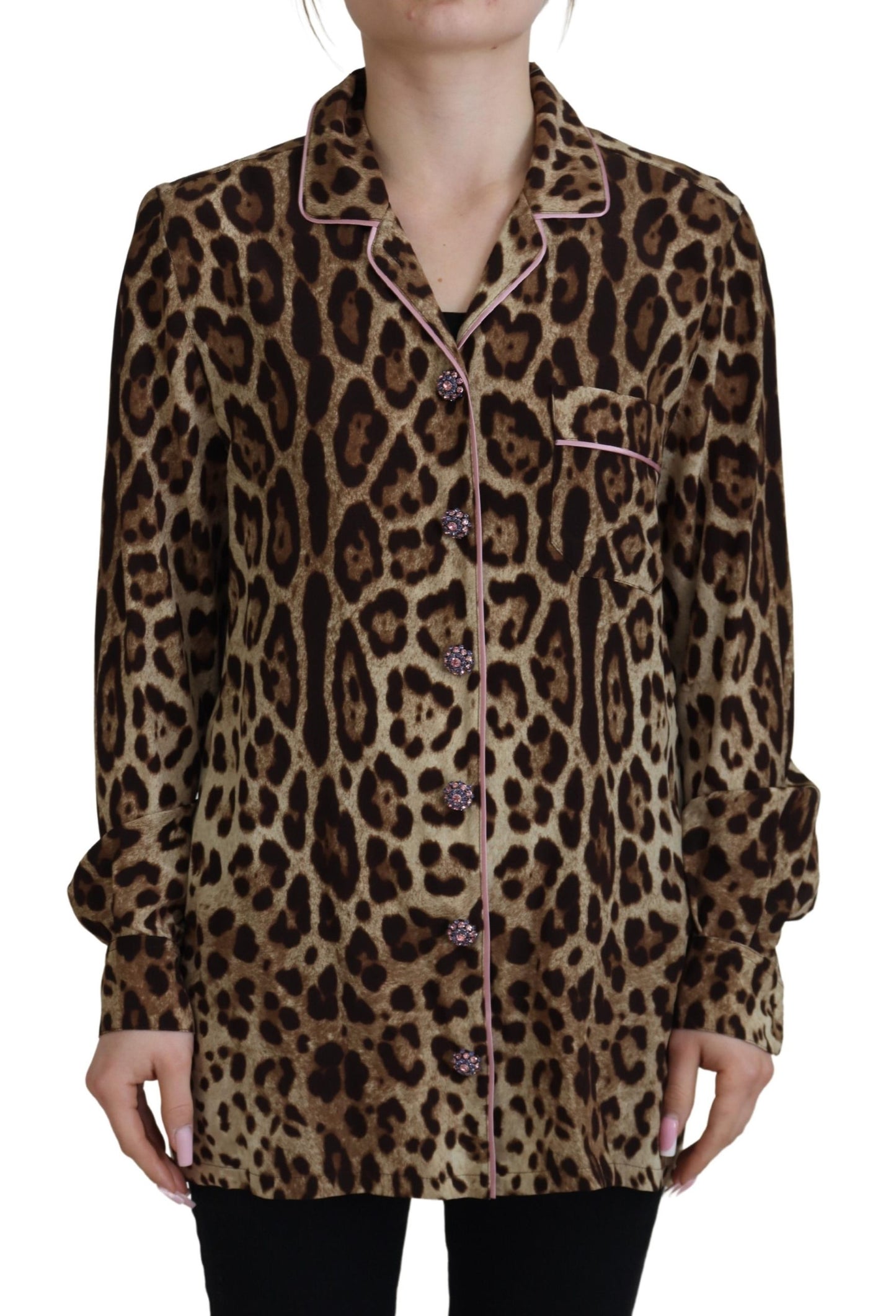 Dolce &amp; Gabbana Elegant leopard print silk top with collar