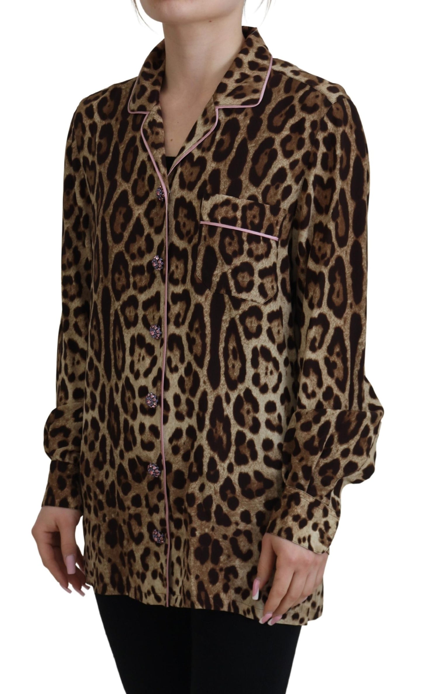 Dolce &amp; Gabbana Elegant leopard print silk top with collar