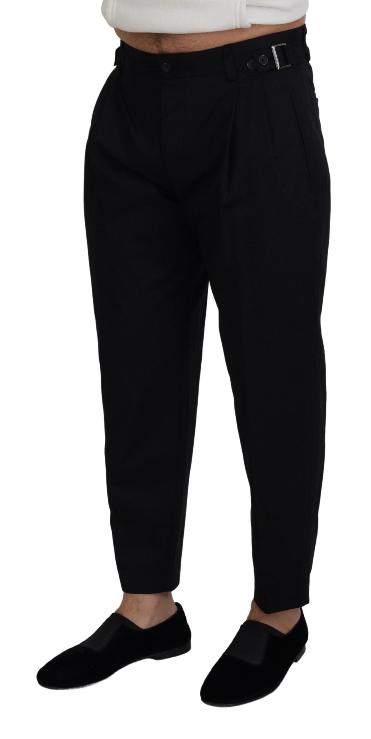 Dolce & Gabbana Glatte schwarze italienische Designerhose mit seitlicher Schnalle