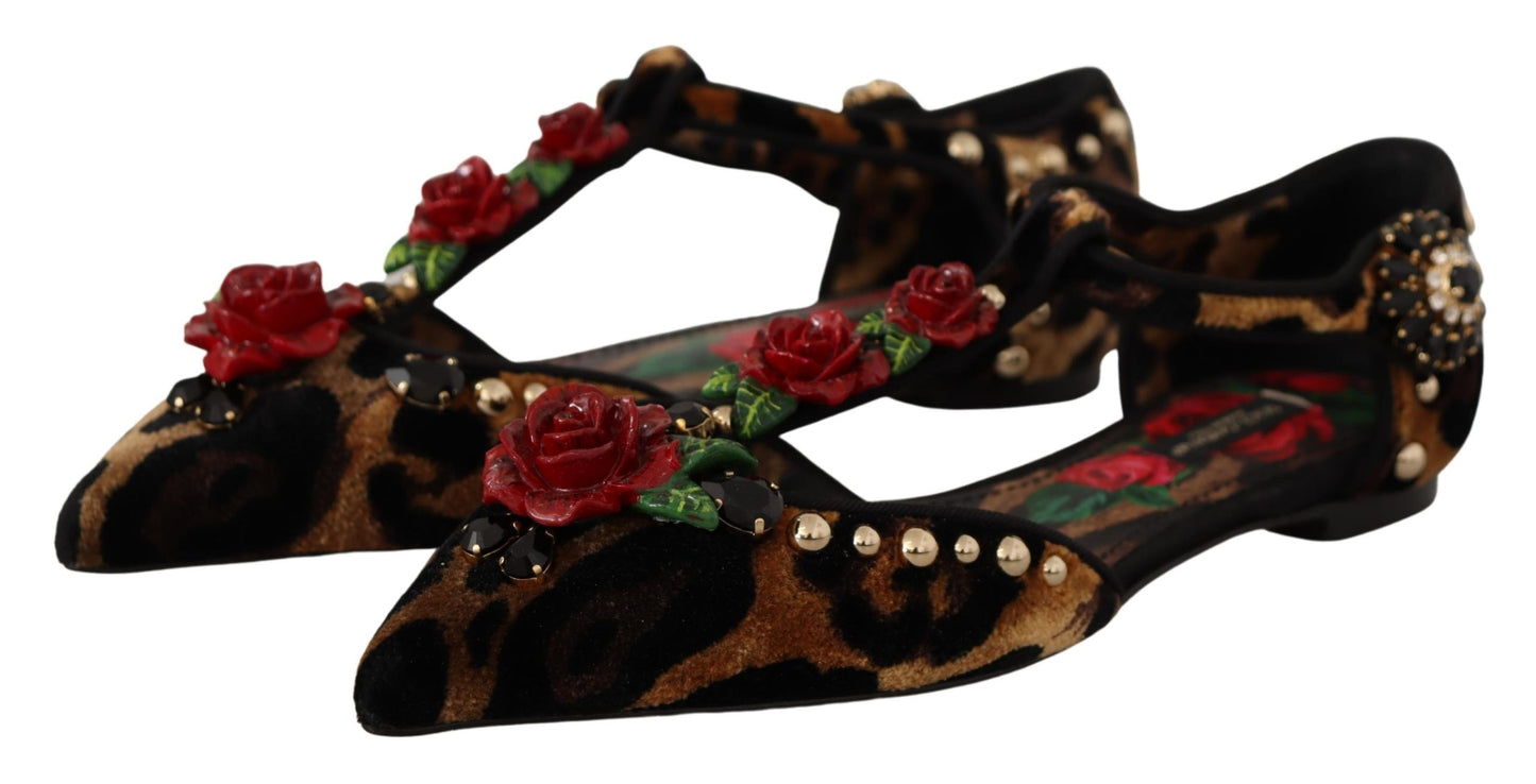 Dolce &amp; Gabbana Floral-Embellished Leopard T-Strap Sandals