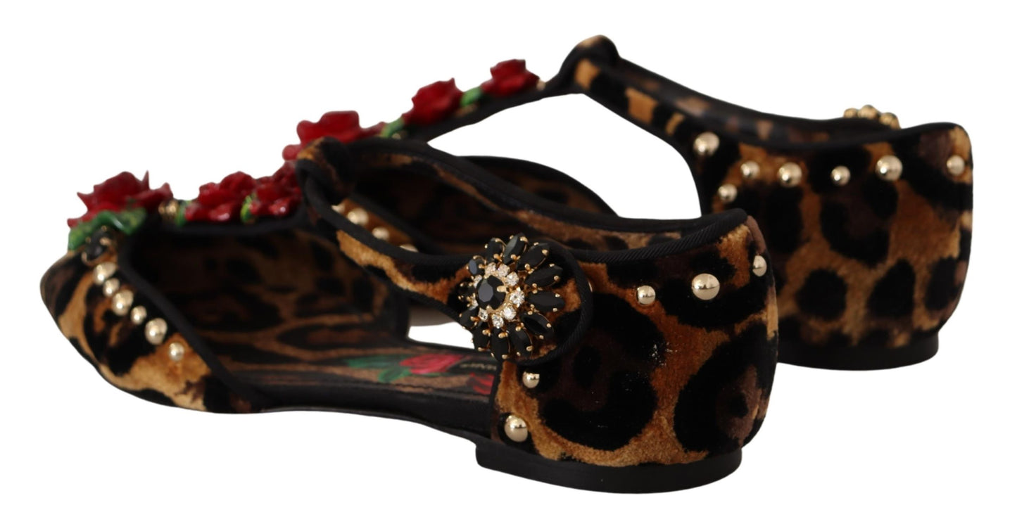 Dolce &amp; Gabbana Floral-Embellished Leopard T-Strap Sandals