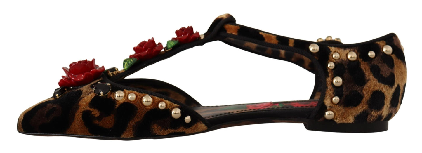 Dolce &amp; Gabbana Floral-Embellished Leopard T-Strap Sandals