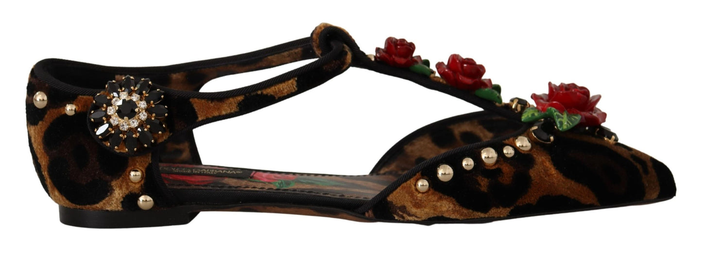 Dolce &amp; Gabbana Floral-Embellished Leopard T-Strap Sandals