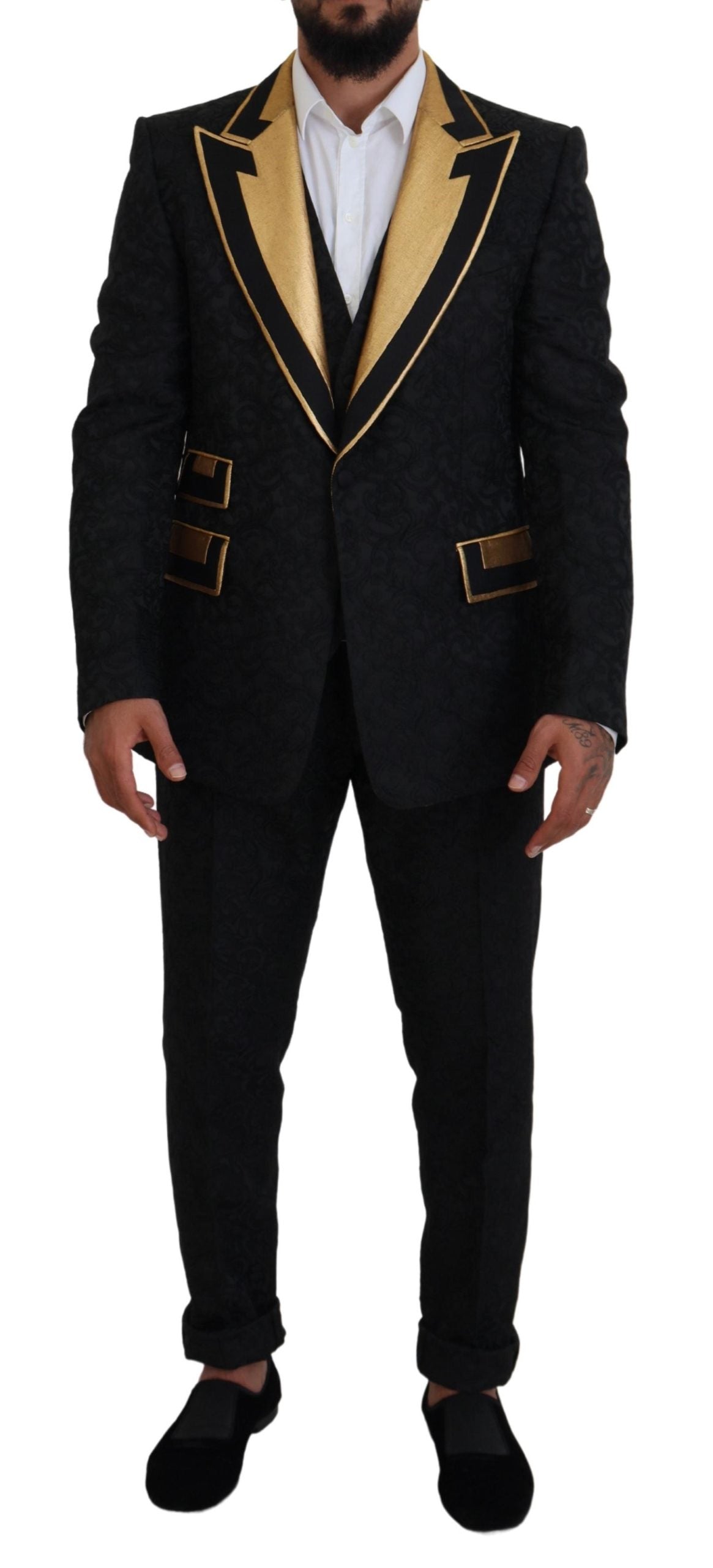 Dolce &amp; Gabbana Elegant Black &amp; Gold Slim Fit 3 Piece Suit