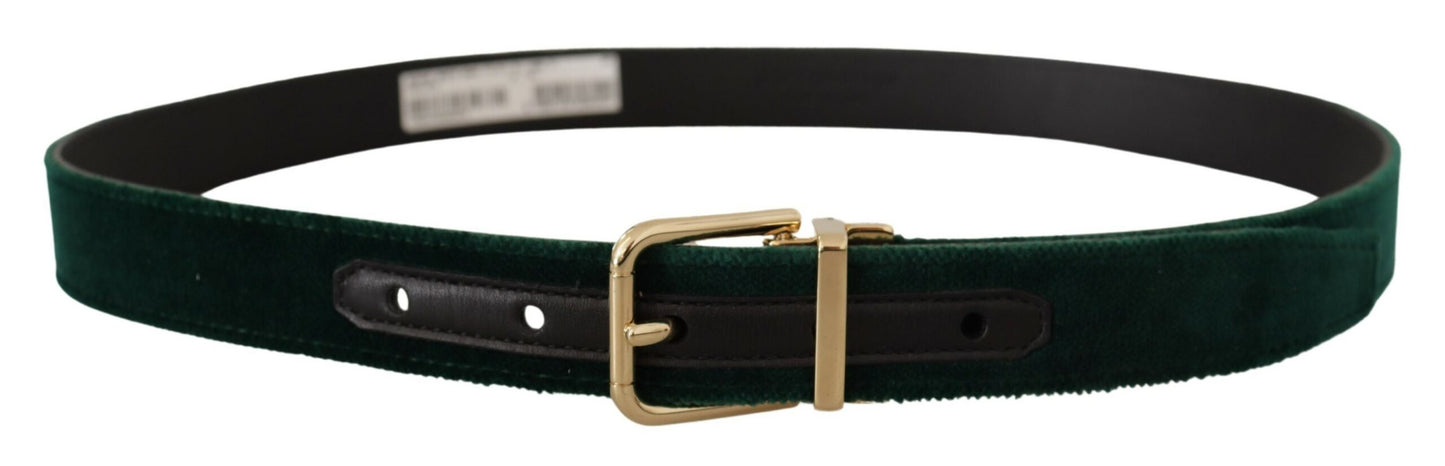 Dolce &amp; Gabbana Emerald Green Velvet Belt with Gold Buckle