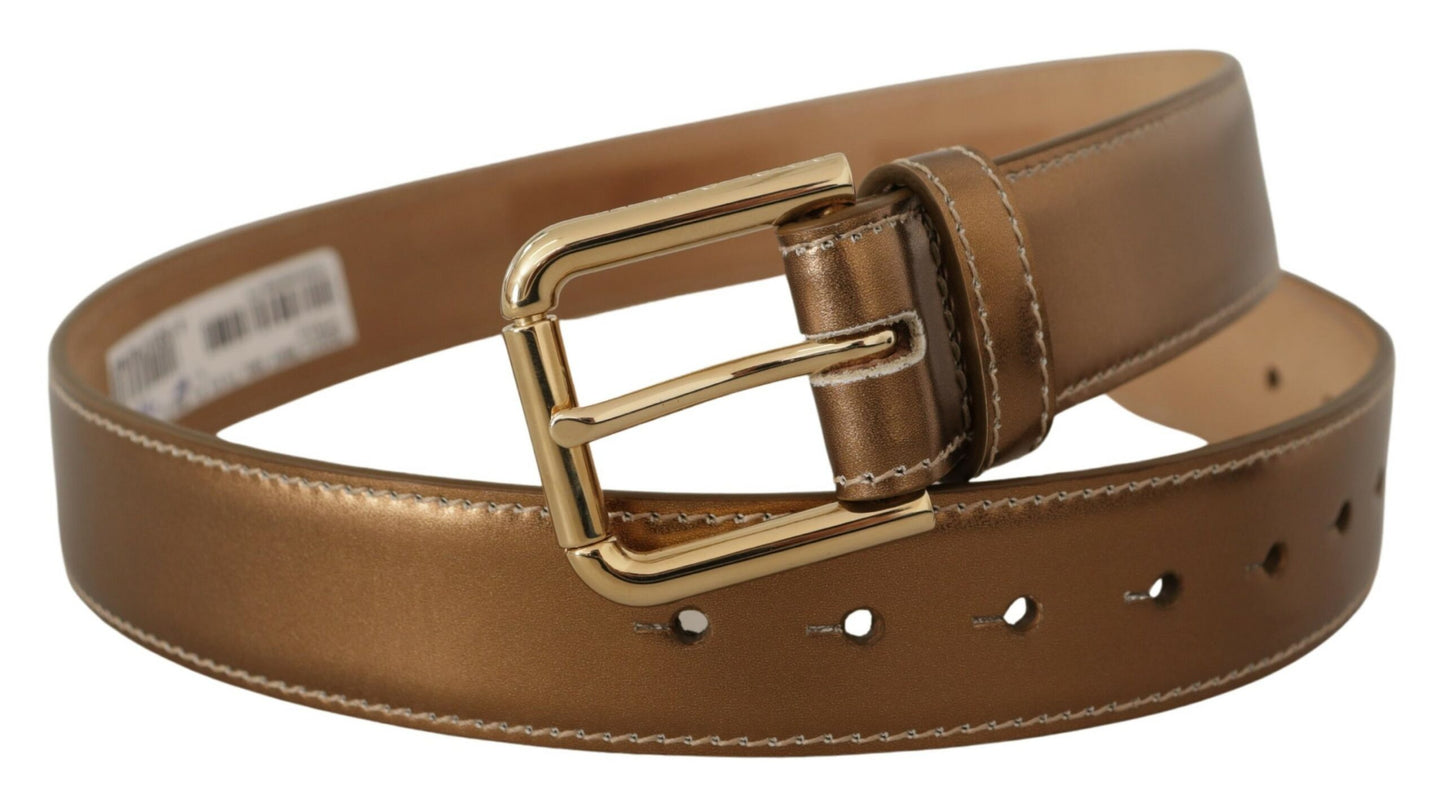 Dolce &amp; Gabbana Elegant Bronze Leather Belt with Logo Buckle