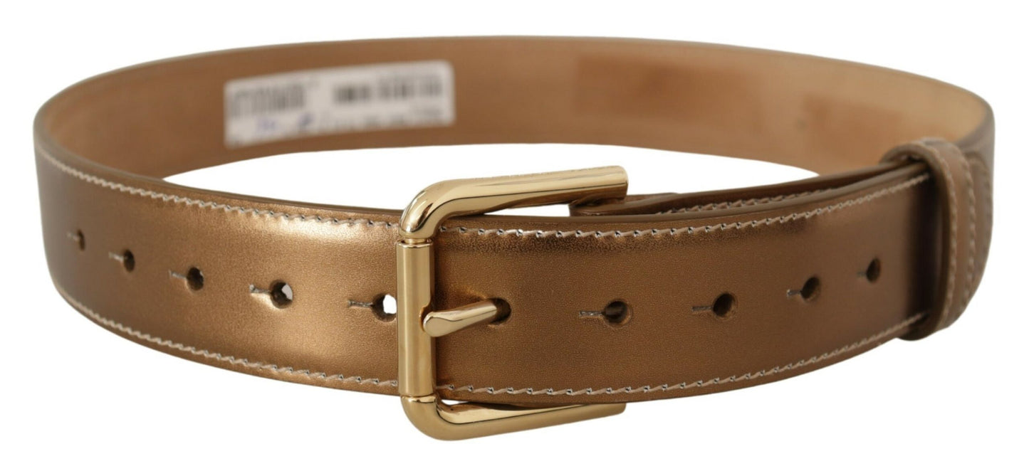 Dolce &amp; Gabbana Elegant Bronze Leather Belt with Logo Buckle