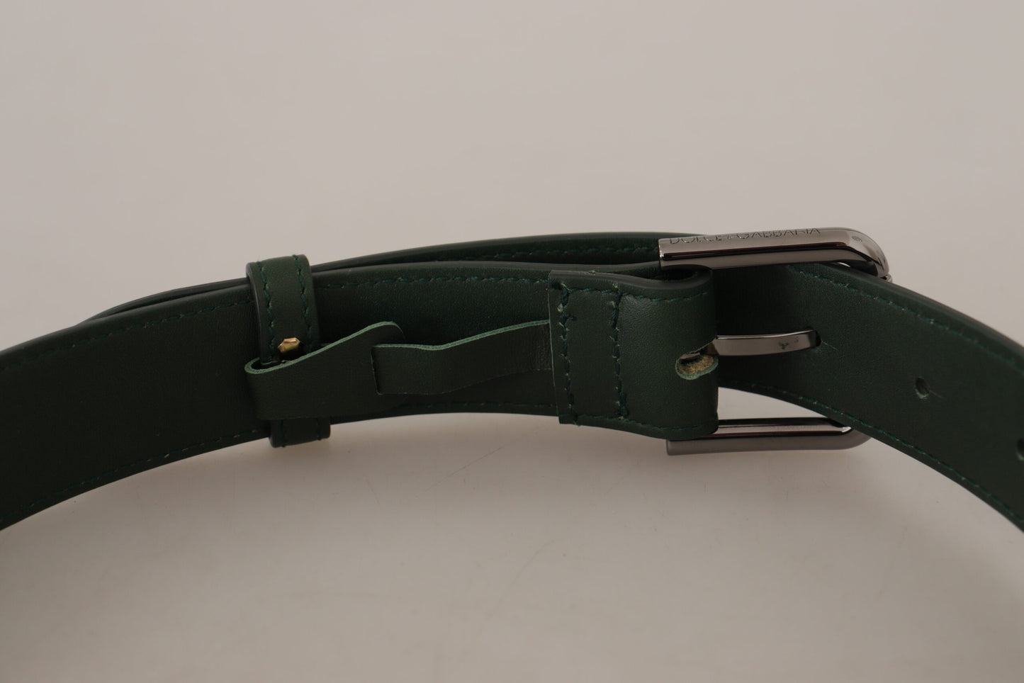 Dolce &amp; Gabbana Elegant dark green leather belt with logo buckle