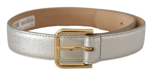 Dolce &amp; Gabbana Elegant silver leather belt with engraved buckle