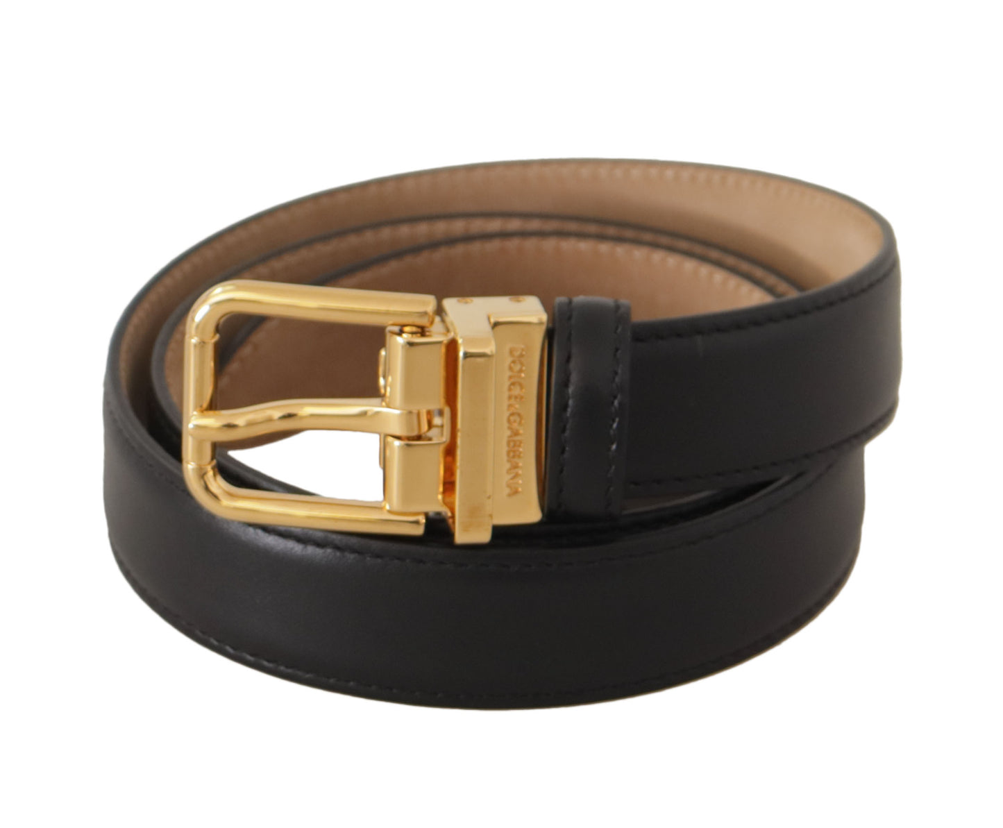 Dolce &amp; Gabbana Elegant black leather belt with engraved buckle