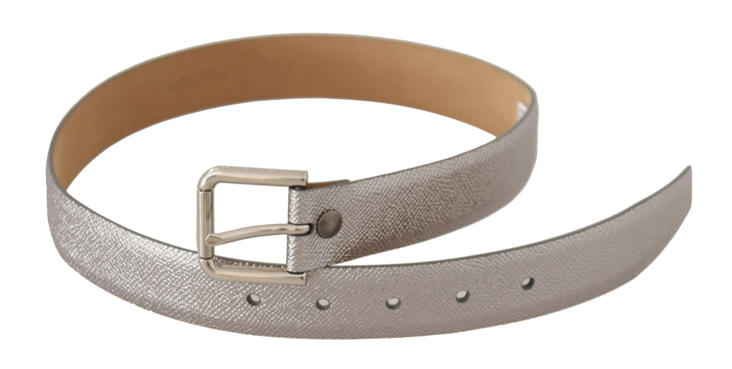 Dolce &amp; Gabbana Elegant silver leather belt with engraved buckle