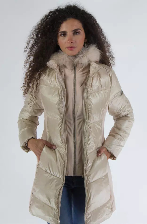 Yes Zee Elegant beige padded jacket with fur hood