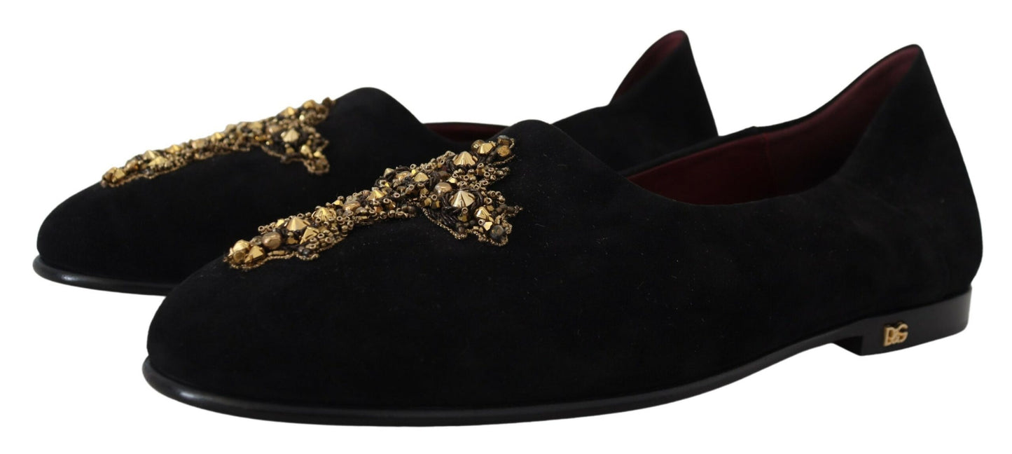 Dolce &amp; Gabbana Black and Gold Crystal Sequin Loafers