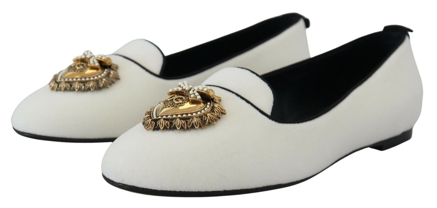 Dolce &amp; Gabbana Elegant loafers in white velvet with gold heart detail