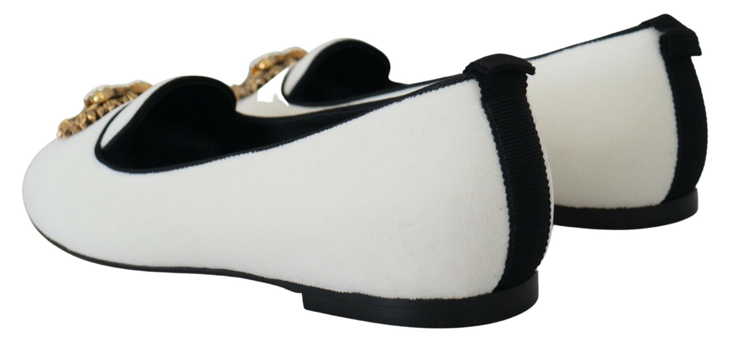 Dolce &amp; Gabbana Elegant loafers in white velvet with gold heart detail