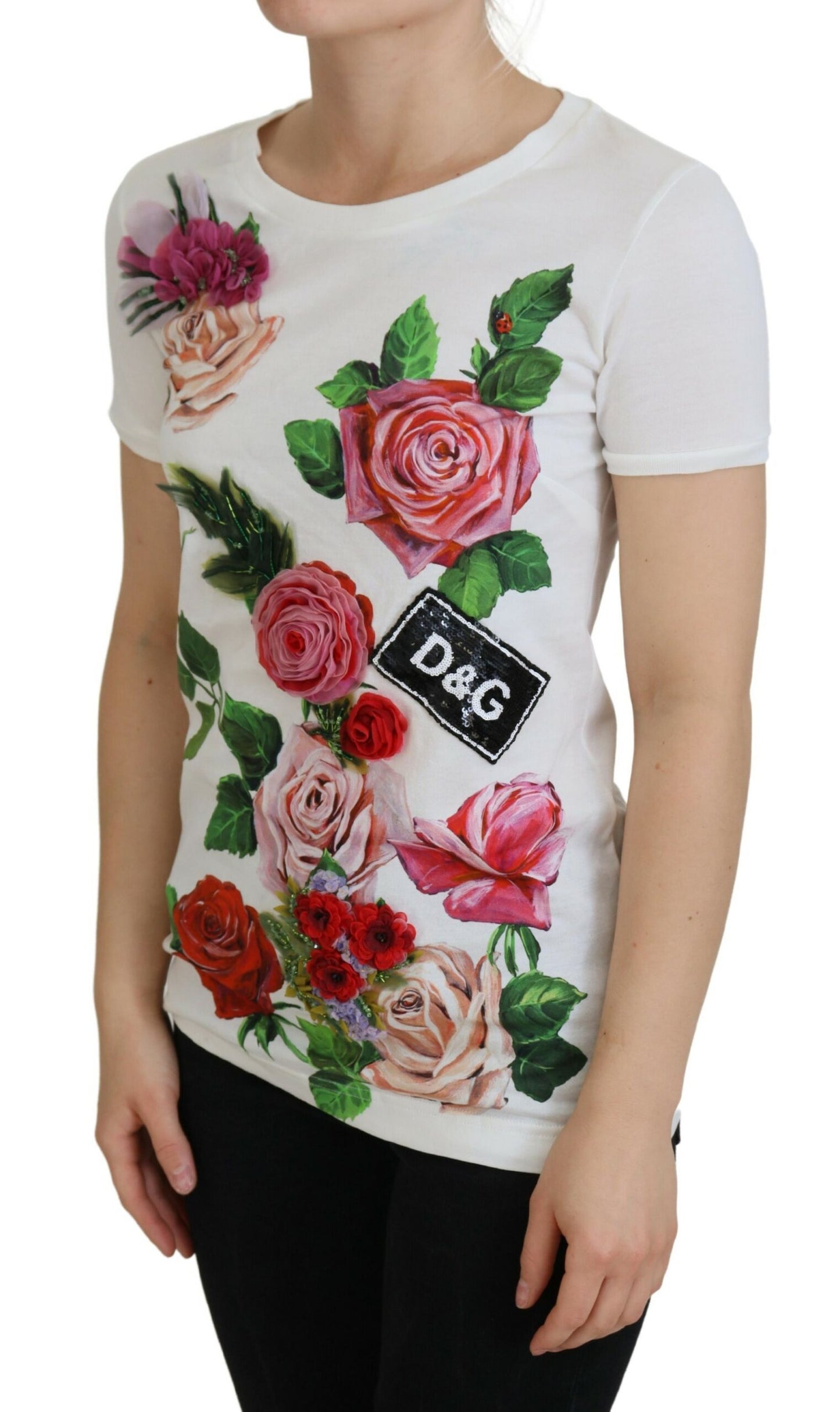 Dolce &amp; Gabbana Elegant Multicolor Cotton Tee with Rose Print