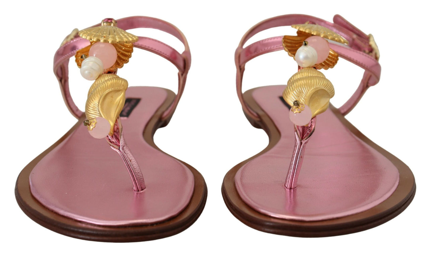 Dolce &amp; Gabbana Chic pink leather sandals with exquisite decoration