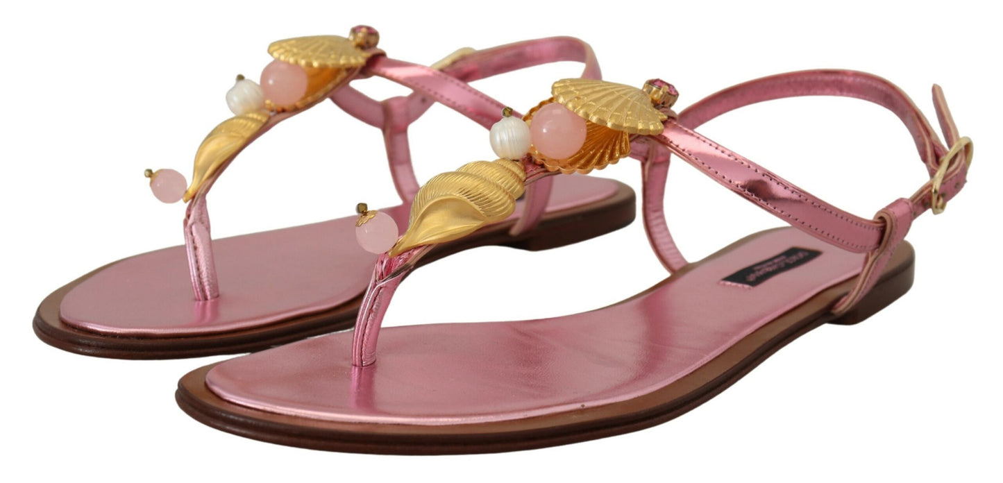 Dolce &amp; Gabbana Chic pink leather sandals with exquisite decoration