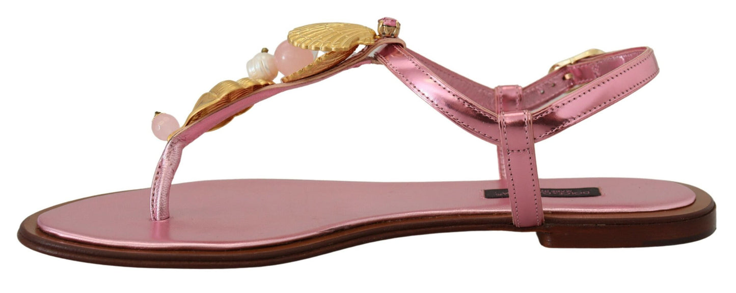 Dolce &amp; Gabbana Chic pink leather sandals with exquisite decoration