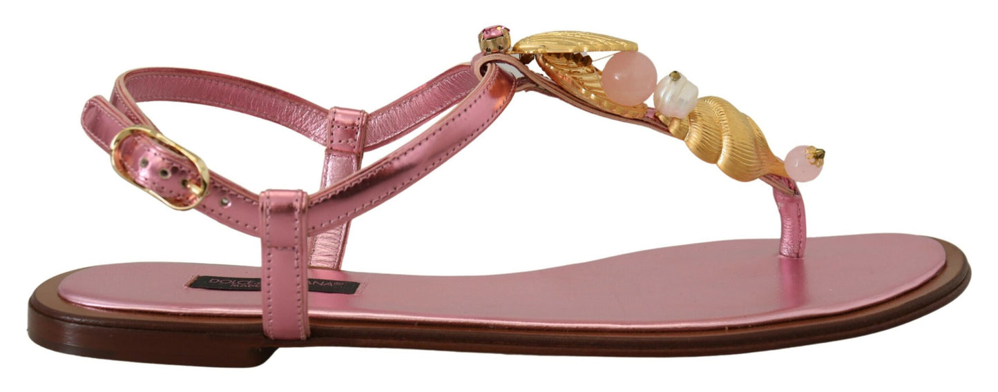 Dolce &amp; Gabbana Chic pink leather sandals with exquisite decoration