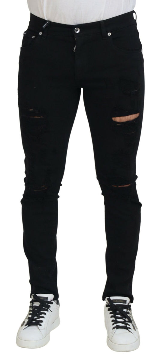 Dolce &amp; Gabbana Svelte Black Tattered Slim Fit Denim