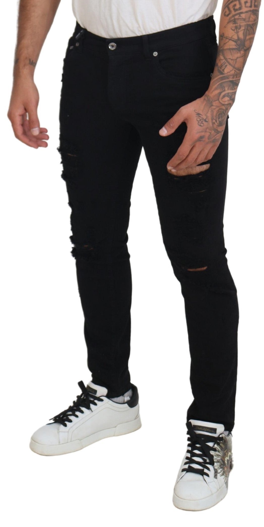 Dolce &amp; Gabbana Svelte Black Tattered Slim Fit Denim