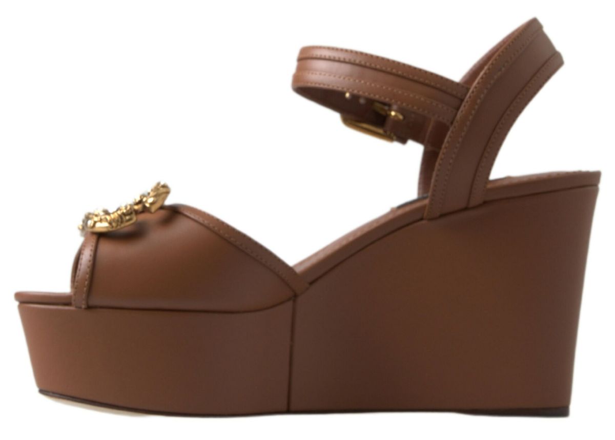 Dolce &amp; Gabbana Chic Brown Leather Ankle Strap Wedges