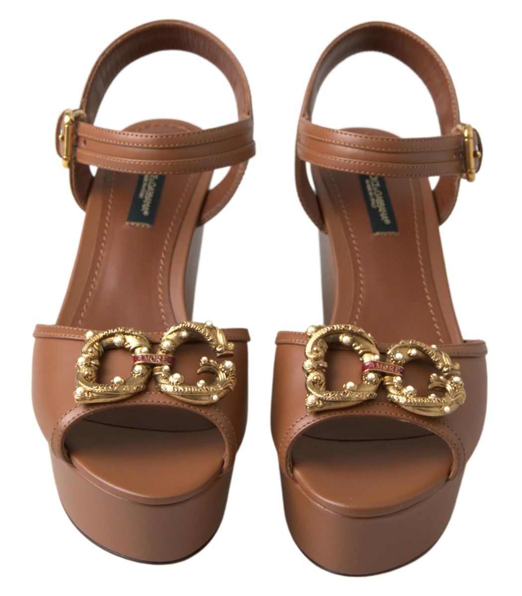 Dolce &amp; Gabbana Chic Brown Leather Ankle Strap Wedges