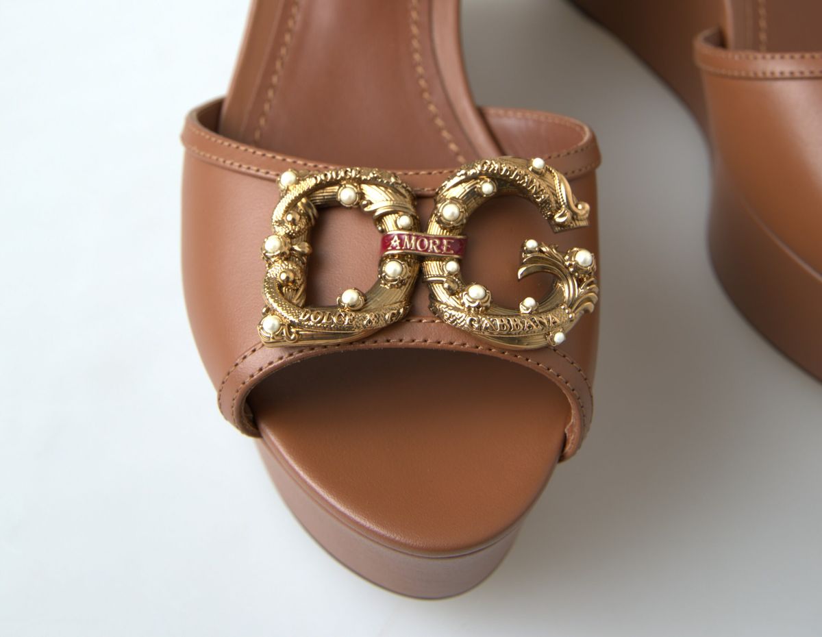 Dolce &amp; Gabbana Chic Brown Leather Ankle Strap Wedges