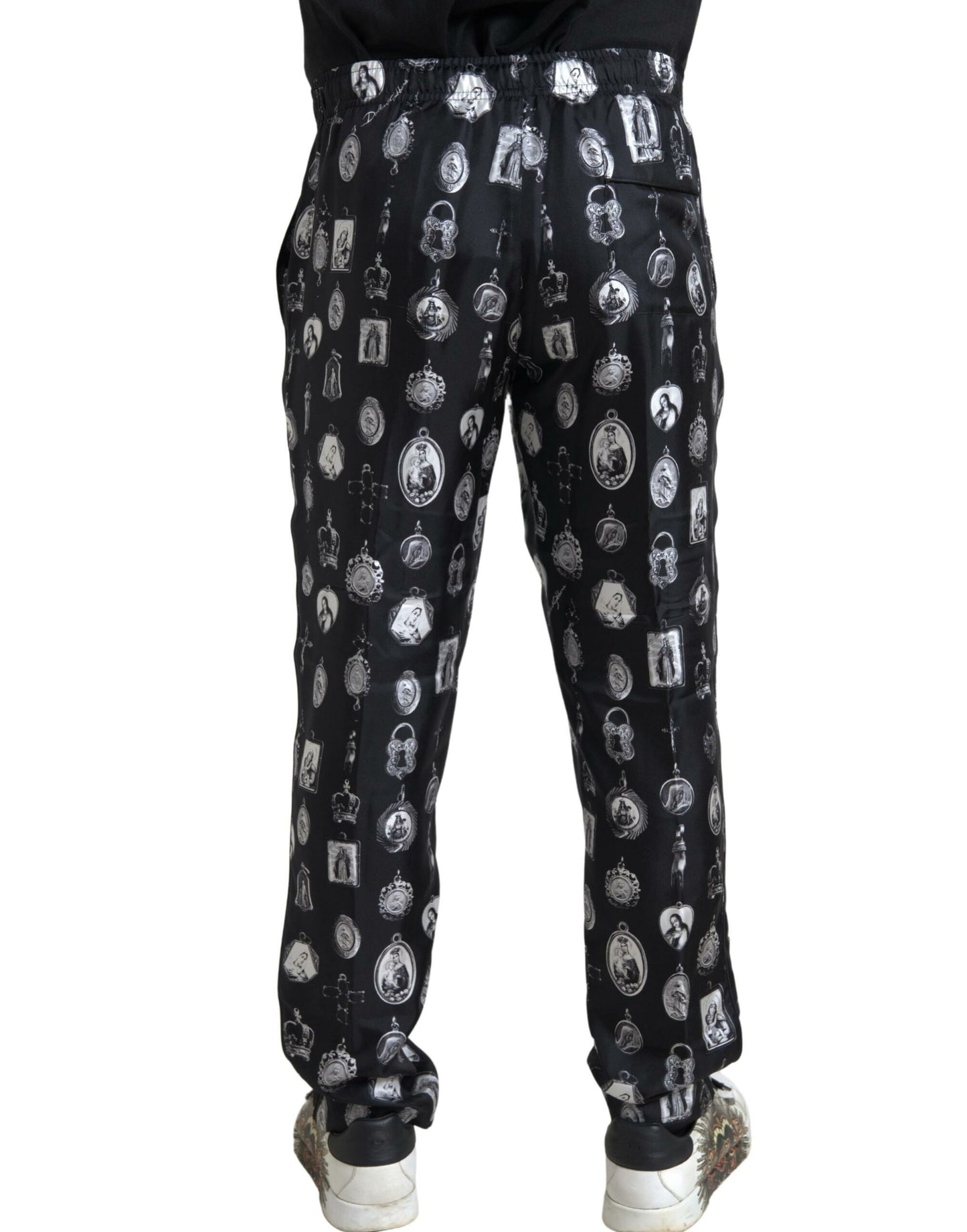 Dolce &amp; Gabbana Elegant silk sweatpants with religious print