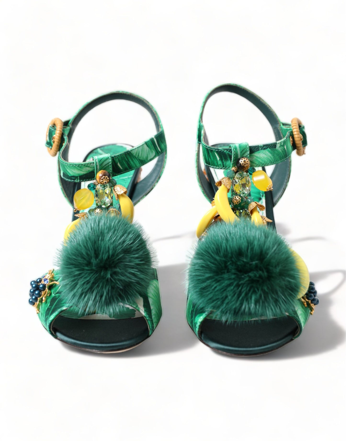 Dolce &amp; Gabbana T-strap sandals in green crystal mink fur