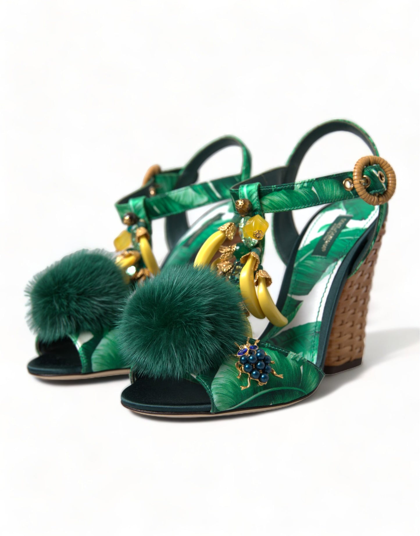 Dolce &amp; Gabbana T-strap sandals in green crystal mink fur