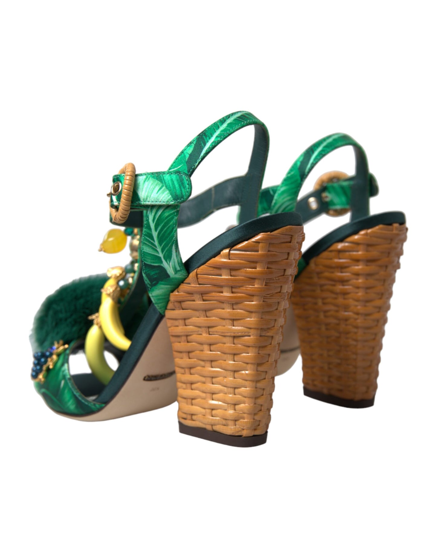 Dolce &amp; Gabbana T-strap sandals in green crystal mink fur