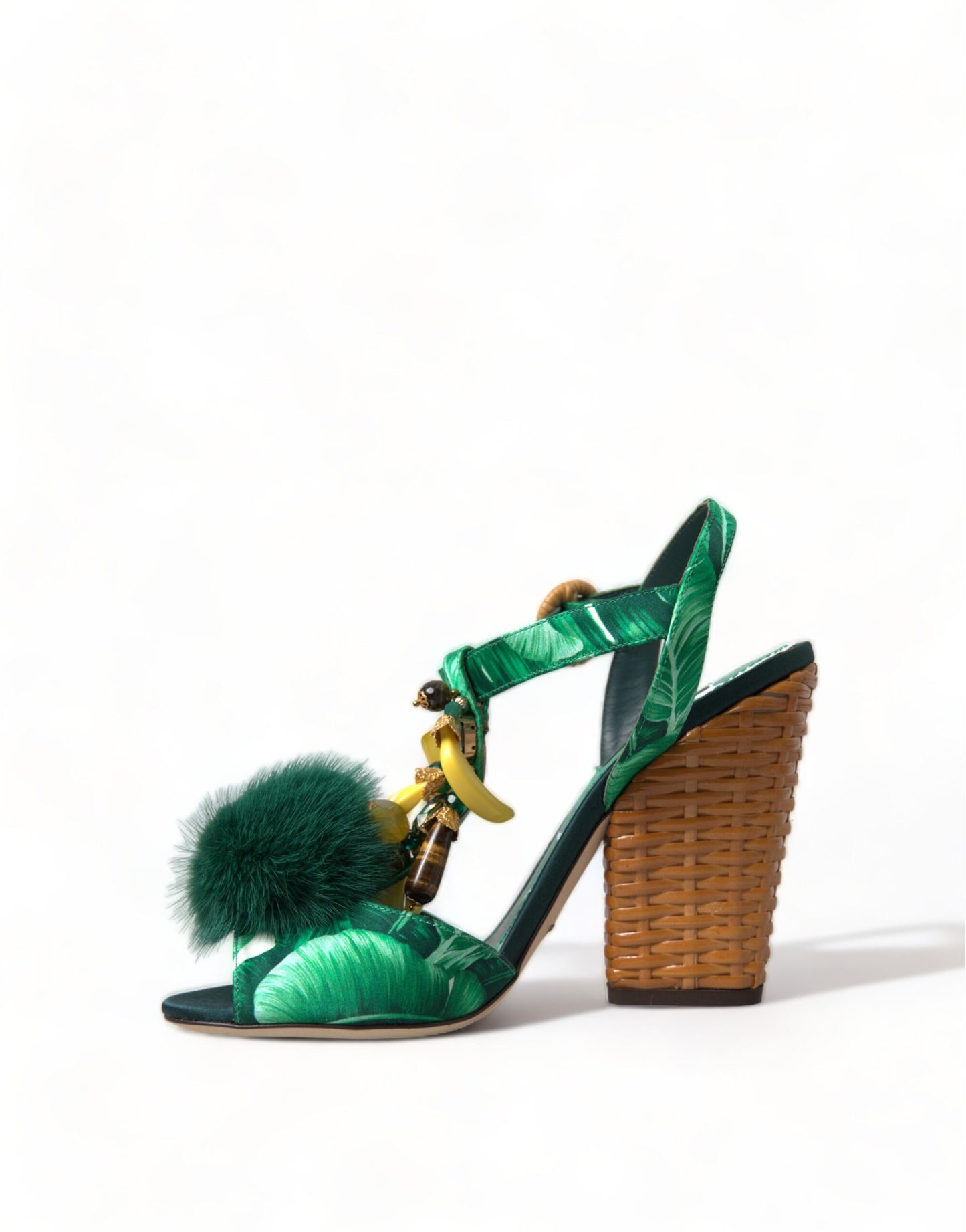 Dolce &amp; Gabbana T-strap sandals in green crystal mink fur