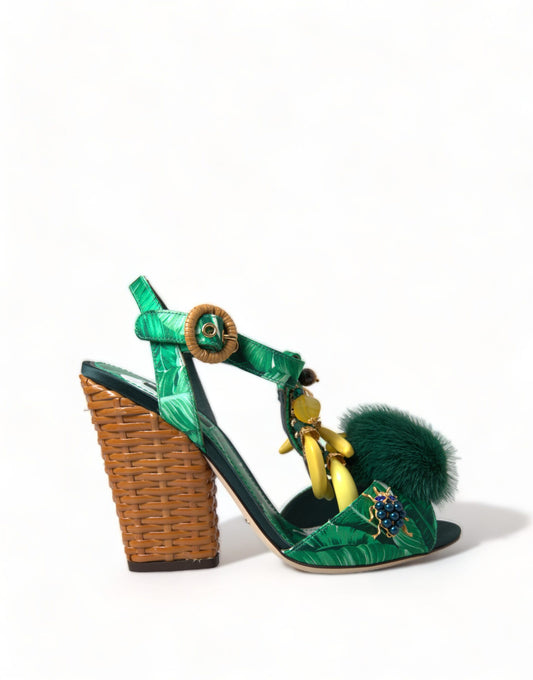 Dolce &amp; Gabbana T-strap sandals in green crystal mink fur