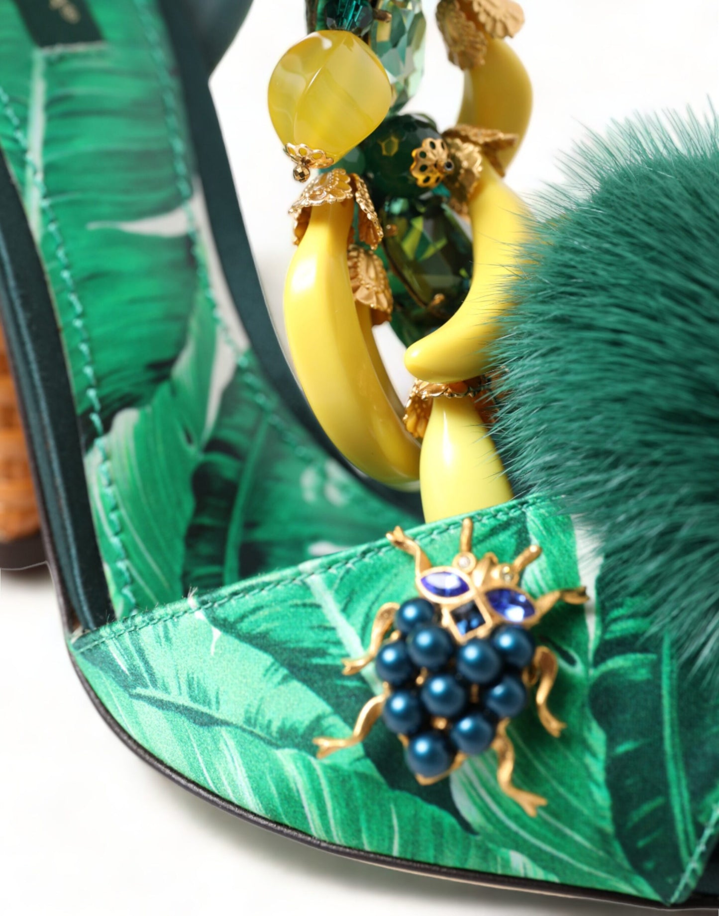 Dolce &amp; Gabbana T-strap sandals in green crystal mink fur