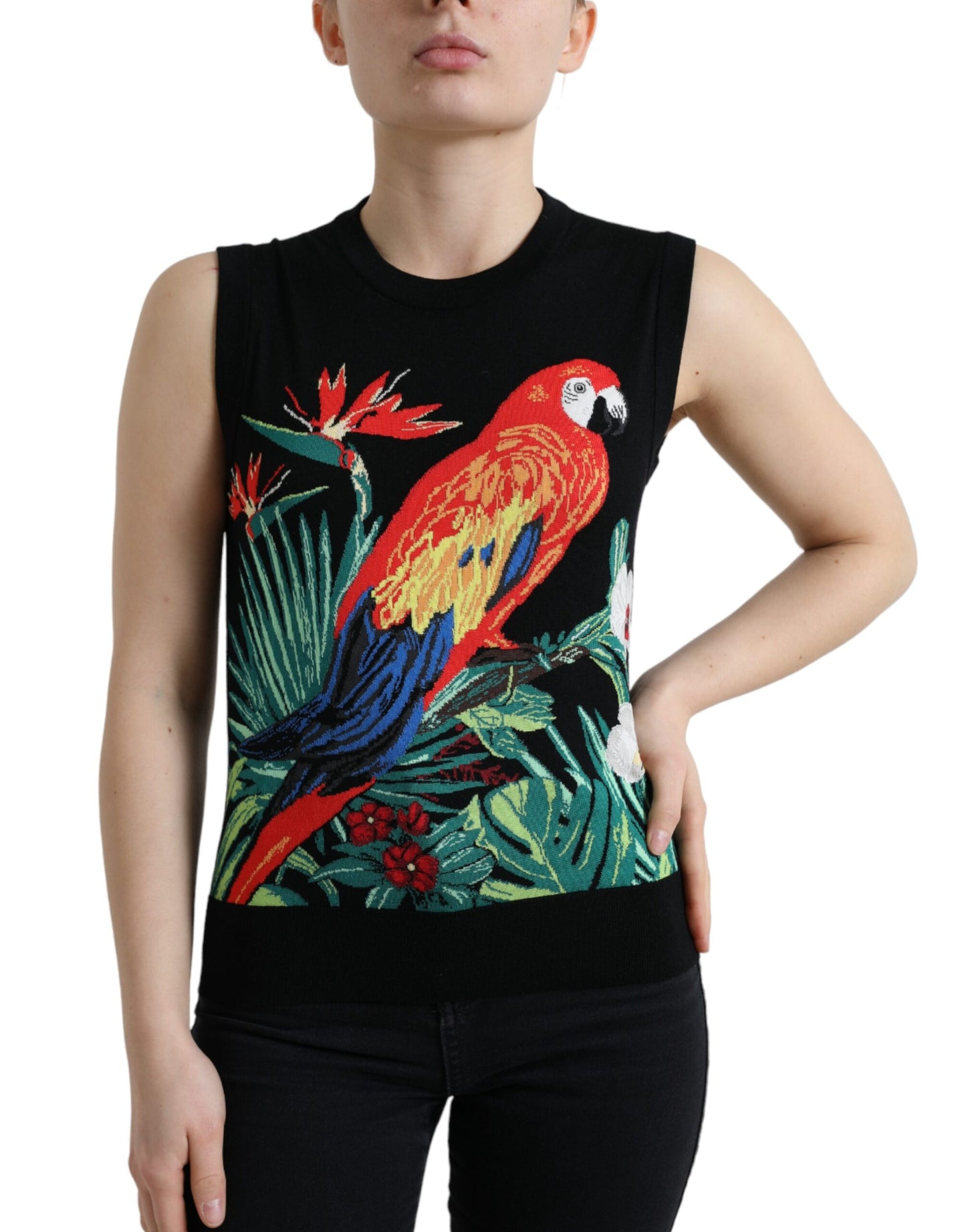 Dolce &amp; Gabbana Elegant wool-silk tank with round neck and bird embroidery