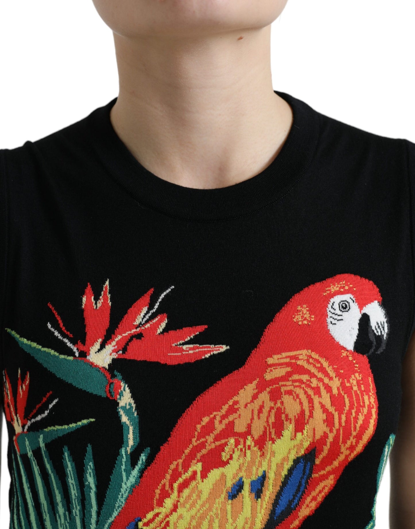 Dolce &amp; Gabbana Elegant wool-silk tank with round neck and bird embroidery