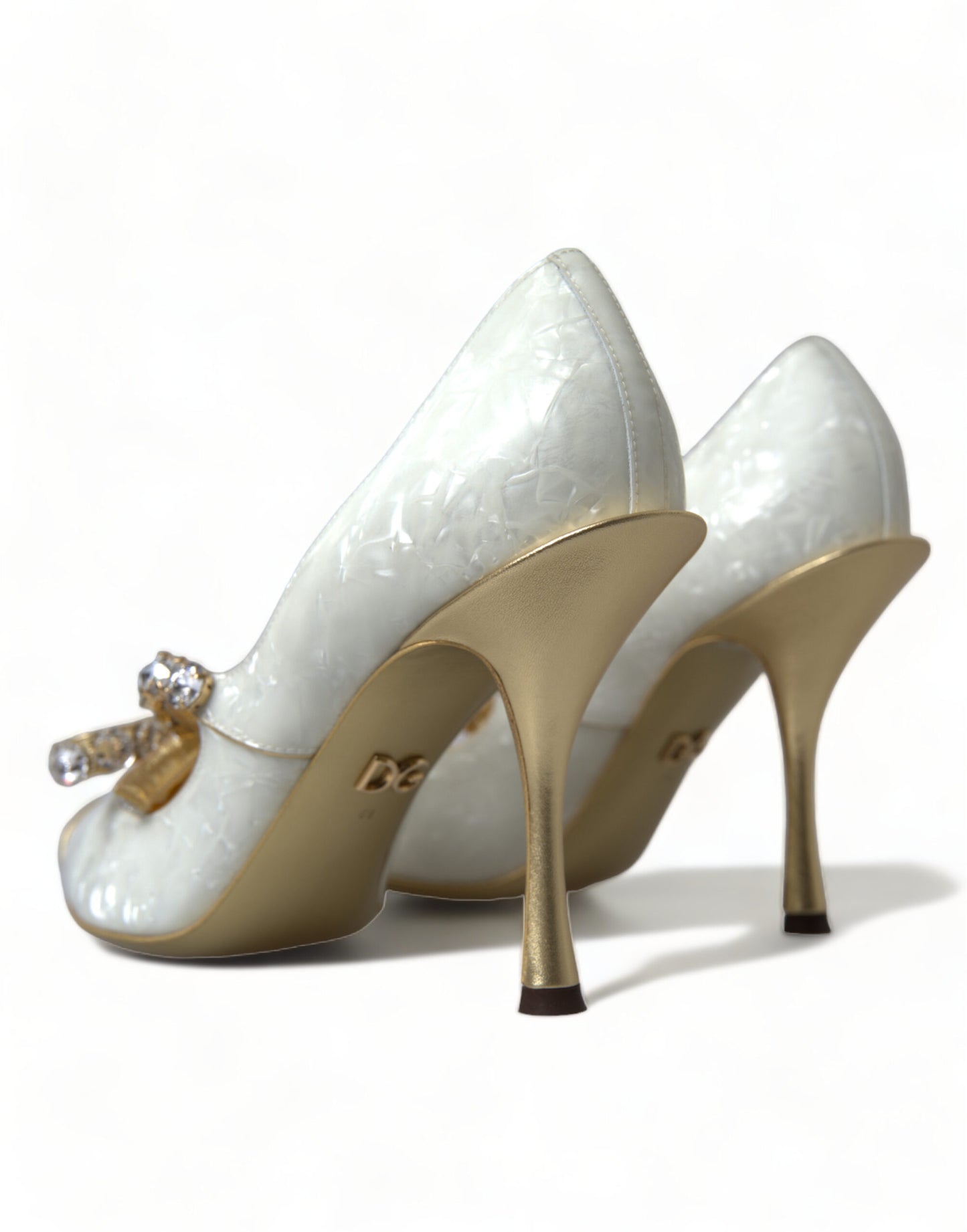 Dolce &amp; Gabbana Elegant White Patent Crystal Bow Heels