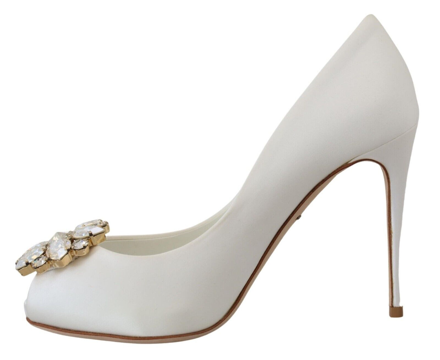 Dolce &amp; Gabbana White Peep Toe Heels with Crystal Embellishment