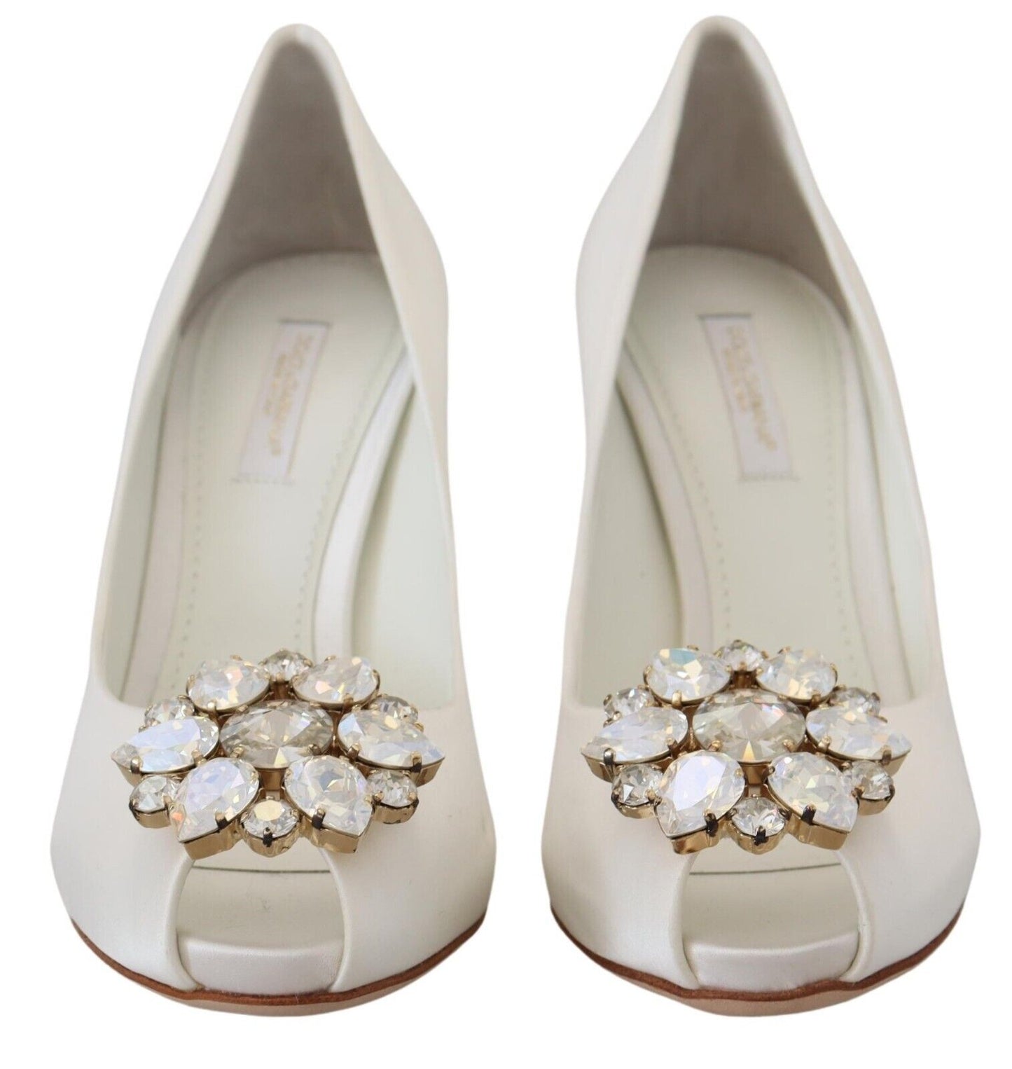 Dolce &amp; Gabbana White Peep Toe Heels with Crystal Embellishment