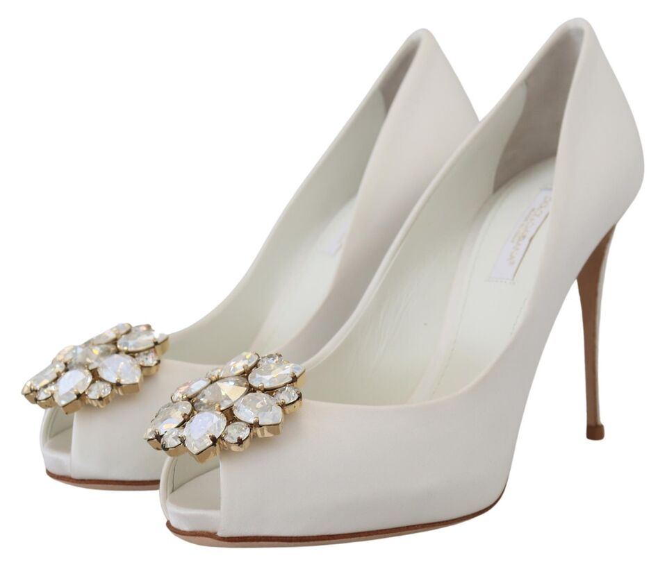 Dolce &amp; Gabbana White Peep Toe Heels with Crystal Embellishment