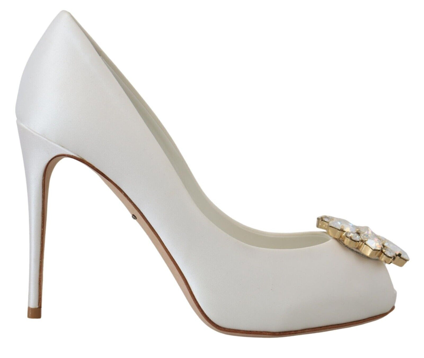 Dolce &amp; Gabbana White Peep Toe Heels with Crystal Embellishment