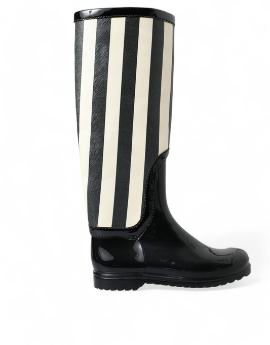 Dolce &amp; Gabbana black and white striped knee-high boots