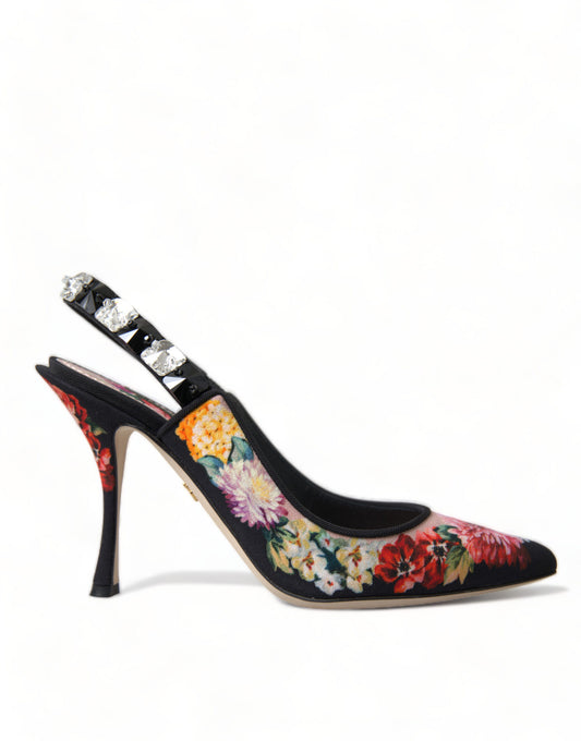 Dolce &amp; Gabbana Floral Slingback Heels with Luxurious Crystal Details